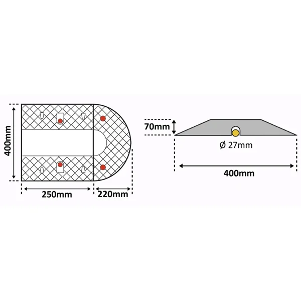 Retardér – kabelový přejezd 30 km/h, 20 t, sada 2 ks – 250×350×50 mm, černá | žlutá